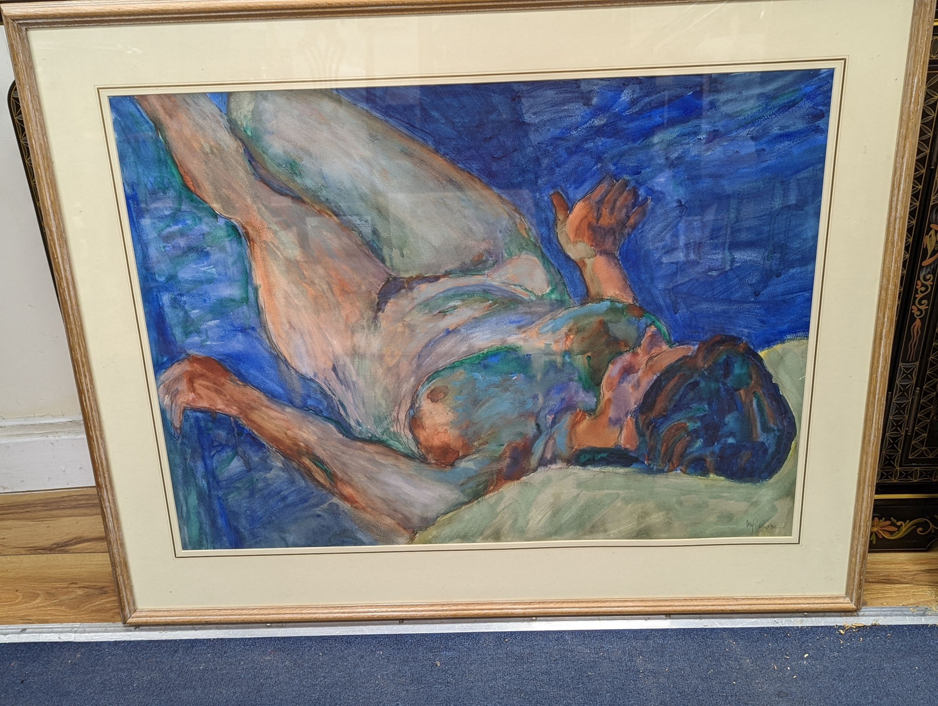 Hans Schwarz, R.W.S., (b.1922) watercolour, Reclining female nude, signed, 55 x 74cm